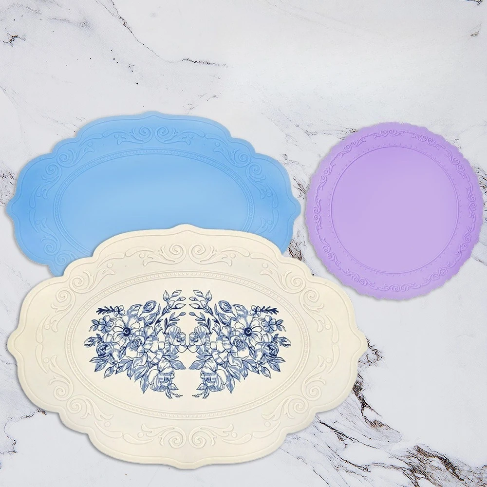 Large Silicone Placemat Retro Embossed Heat Resistant Non Slip Table Mat Waterproof Drain Cup Coaster for Kitchen Dining Table