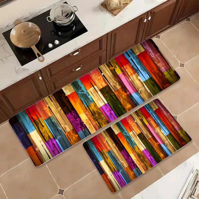 A Vibrant Carpet Featuring a Design of Interlocking Wooden Panels, Ideal for Both Indoor And Outdoor Use. This Doormat Is Perf