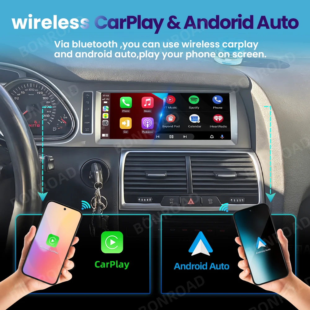 BONROAD Reproductor de radio para coche de 10,25 pulgadas, 1920*720P, pantalla táctil multimedia, CarPlay inalámbrico, Android Auto para Audi Q7 4L 2006-2015 con AirPlay Auto Link, Bluetooth 5,0, navegación GPS 4