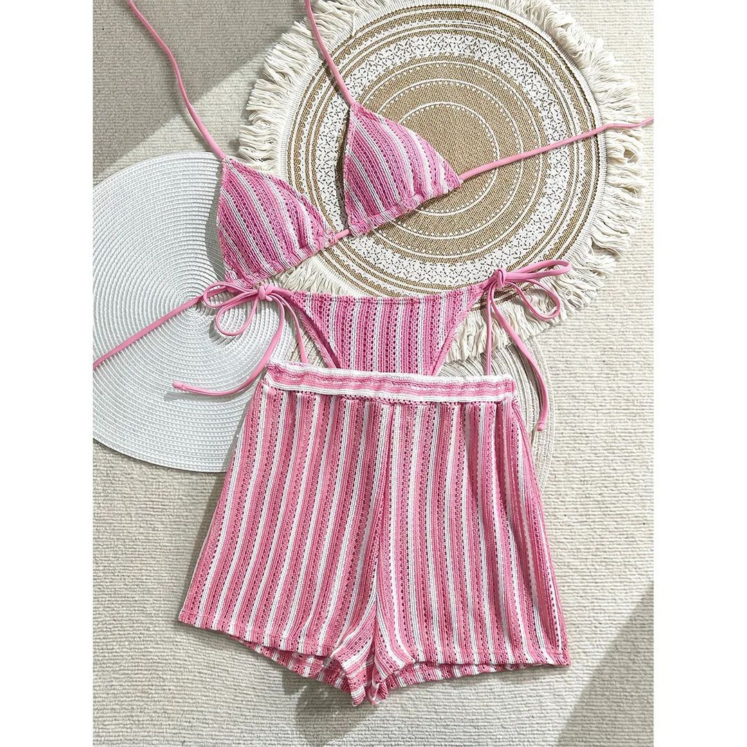 Dreiteiliges Bikini-Set mit Shorts, blau gestreifter Neckholder-Bikini, Damen-Badebekleidung, Badeanzug, Badebekleidung, Badeanzug, Schwimmbekleidung V7159B – Detail 12