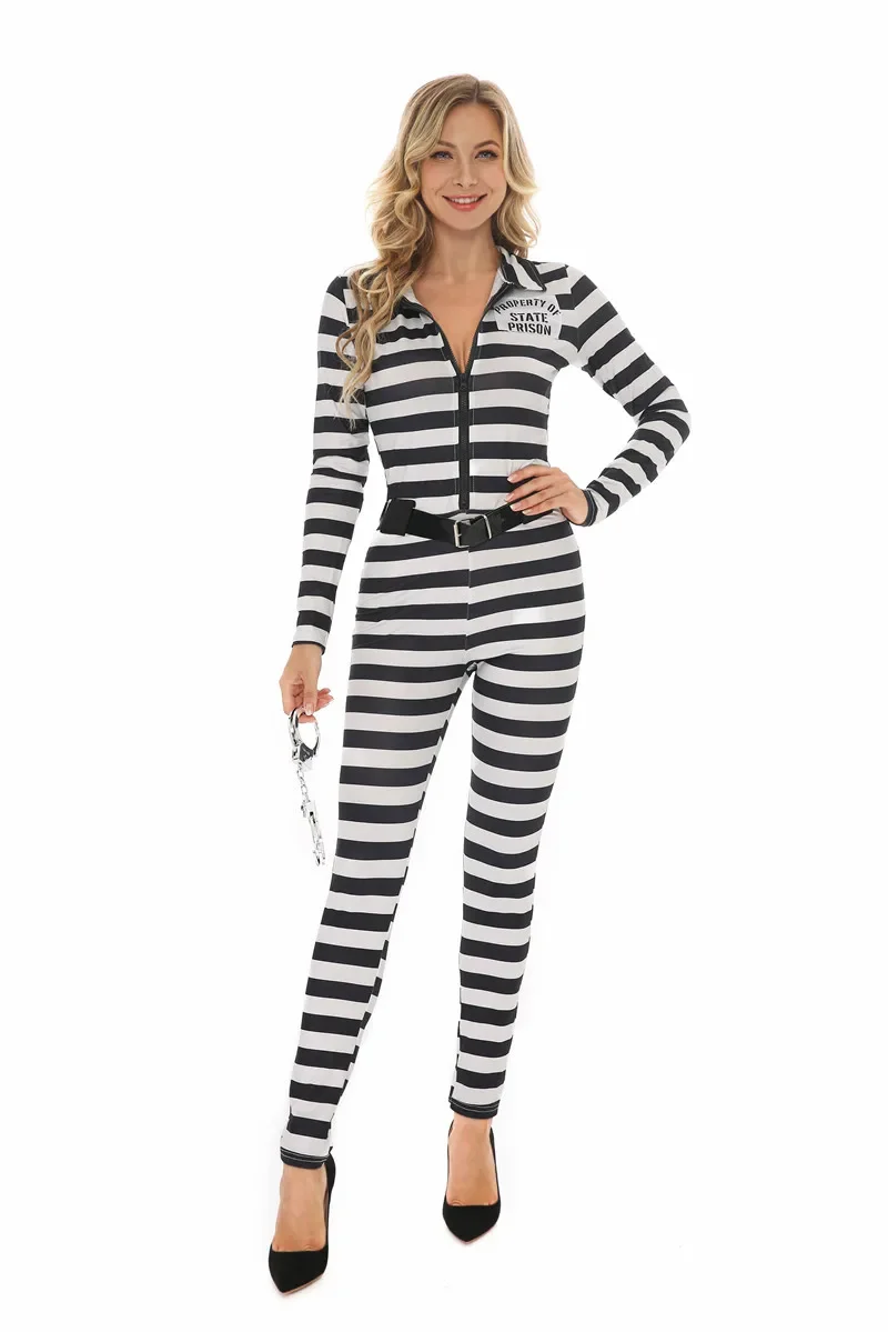 Halloween Women Prisoner Costume Escaped Prisoners Jumpsuit Striped Prison Inmate Cosplay Costumes Female Jail Criminal Dress Up