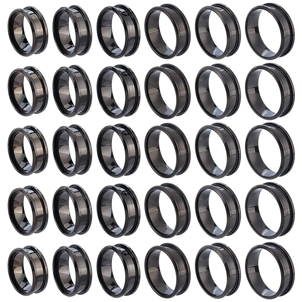 

30Pcs 6 Styles 201 Stainless Steel Grooved Finger Ring Settings Ring Core Blank for Inlay Ring Jewelry Making Black 16.9~23mm
