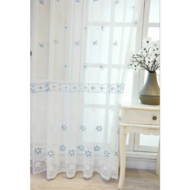 Nordic Ins Style Embroidery Double Row Small Flower Embroidery Gauze Curtain Small Fresh Living Room Bedroom Bay Window Curtain