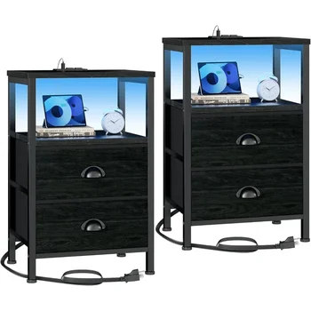 Image Nightstands.Nightstands Set of 2, End Tables with Charging Station and LED Lights, Black Night Stands with 2 Fabric Drawers