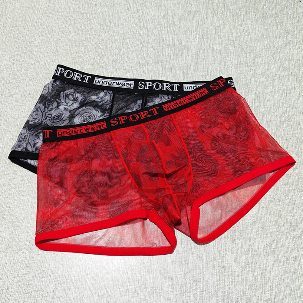 

Men Rose Printed Underwear For Hot Man Mesh Breathable Translucent Soft Boxer Shorts See Through Underpants Summer Men's Panties