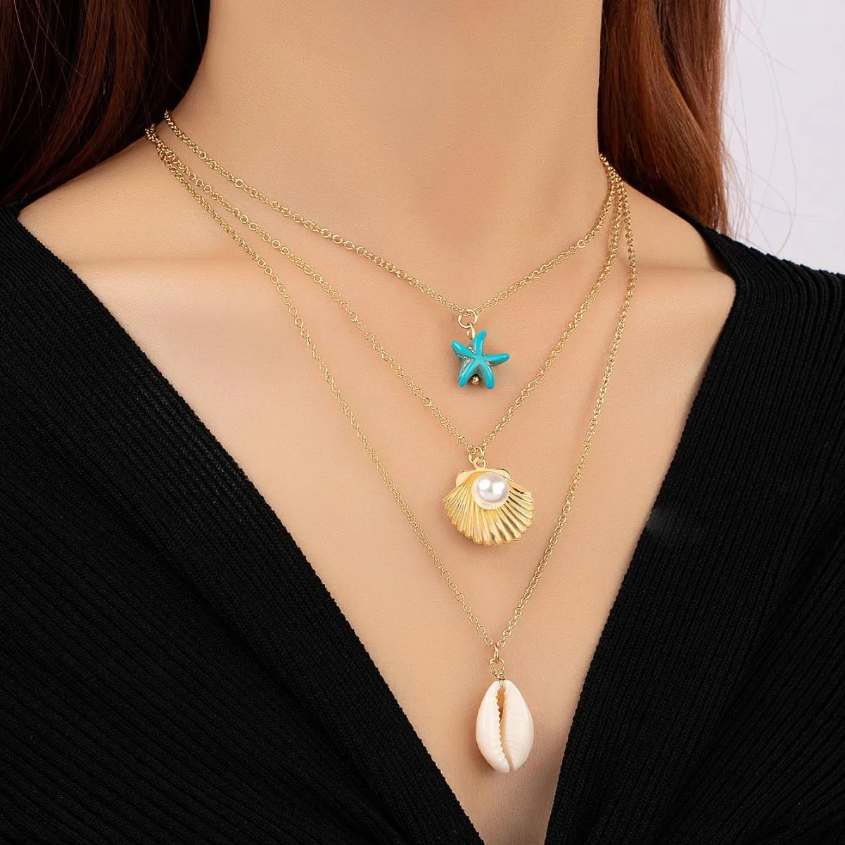 

Russia Style Simple Fashion Lady Summer Ocean Holiday Style Personalized Necklace Shell Starfish Pendant Clavicle Chain 3 Pieces