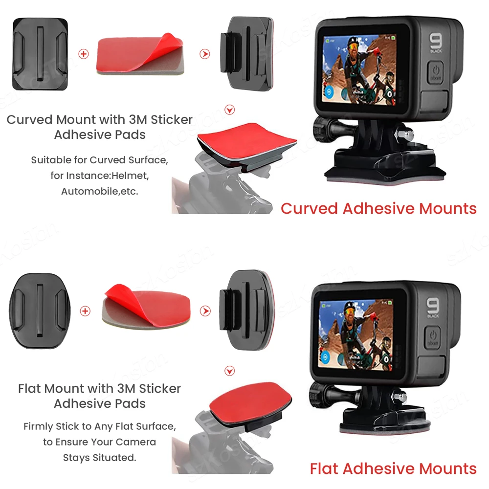 خوذة لاصقة مثبتة على حامل مسطح منحني لـ GoPro Hero 13 12 11 10 9 8 Insta360 X5 X4 AKASO DJI OSMO Action 5 Pro SJCAM
