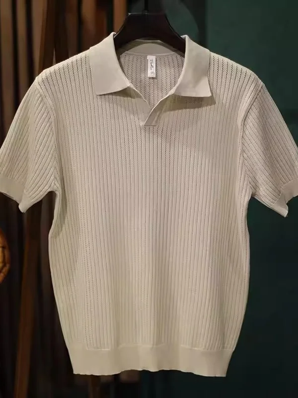 

Large Size Comfortable Ice Silk Hollow Pattern Knitted ort Sve irt Men's Summer New Turn Collar T-irt Men