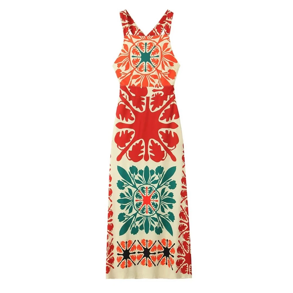 

PB&ZA Women's 2024 Summer New Vacation Style Elegance Casual Versatile Round Neck Loose Sling Printed Long Sleeveless Dress