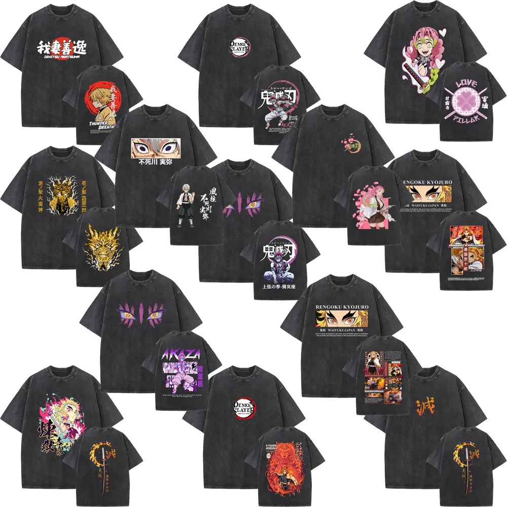 

Hot Sale Anime Demon Slayer Washed Vintage T-shirt Men Women Cartoon Cotton Crewneck T-shirts Men's Clothing Oversized T Shirts