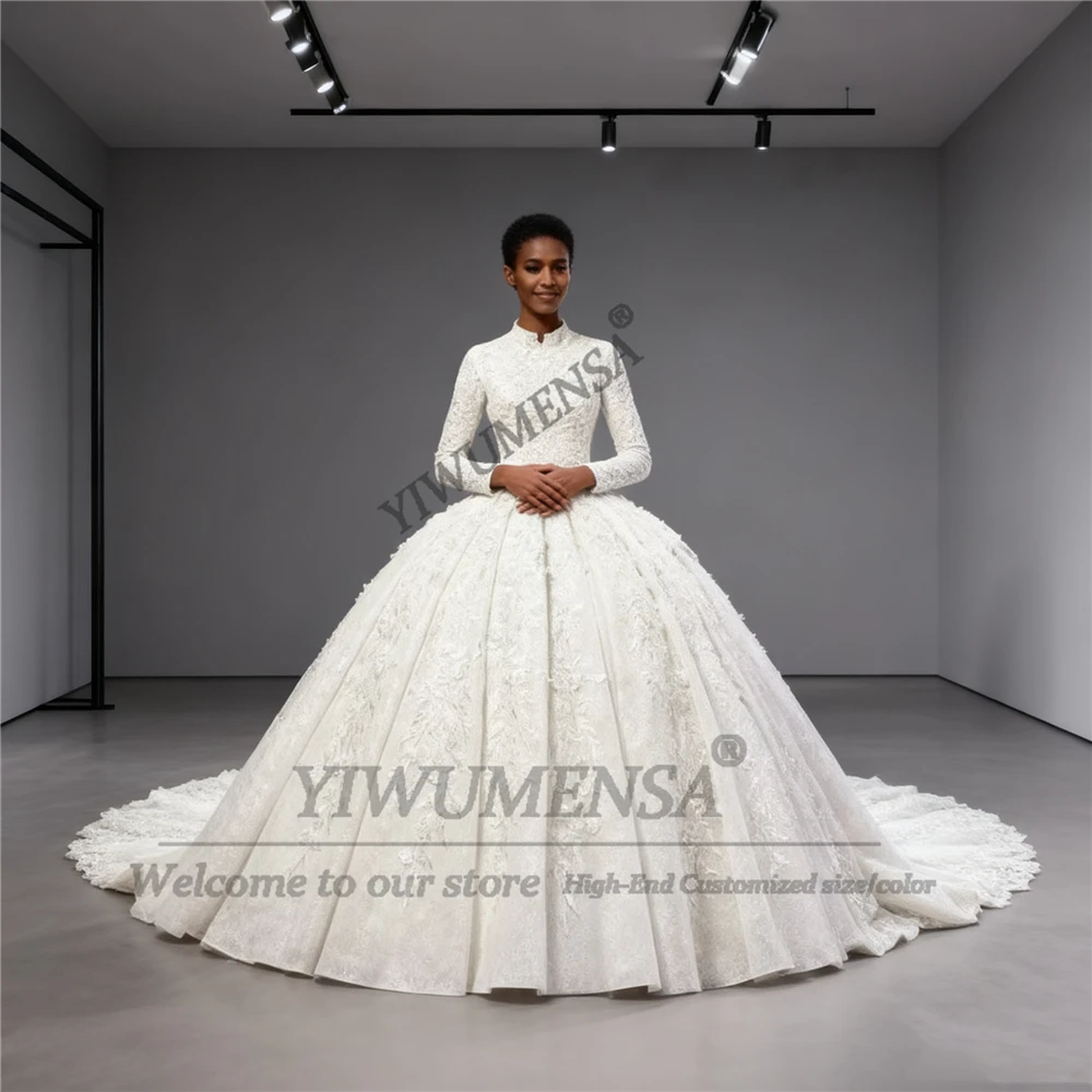 Exquisite Lace Appliques Ball Gown Wedding Dresses Royal Train Customized High Neck Long Sleeve Bridal Gowns Muslim Bride Attire