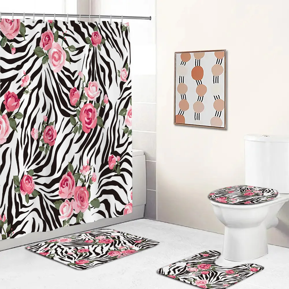 Leopard Pattern Shower Curtain Set Panther Zebra Stripes Pink Rose Fashion Non-slip Bath Mat Modern Home Carpet Toilet Lid Cover