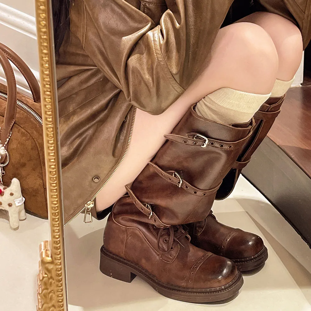 2026 Brand New Women's Brown Vintage y2k Motorcycles Boots Shoes