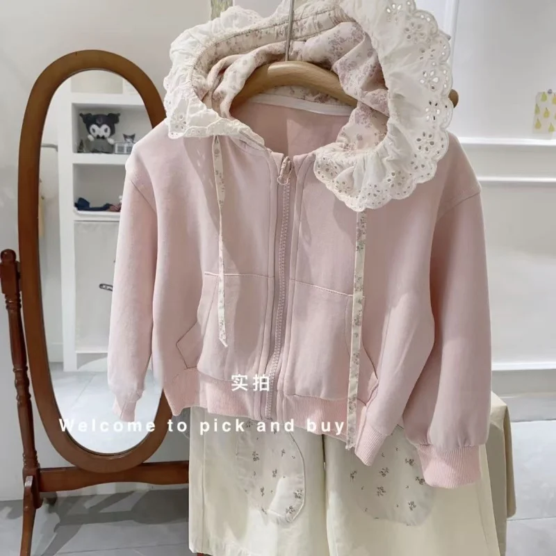

Girls' Spring and Autumn Pure Cotton Lace Coat Korean Children's Baby Sweet Hoodie Zipper JacketCM90-140CM