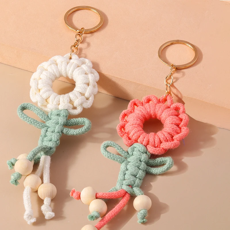 Lovely Hand knitted Flower Tassels Keychain for Women Girl Cute Rainbow Key Ring Pendants Handbag Decor DIY key Chain Gifts