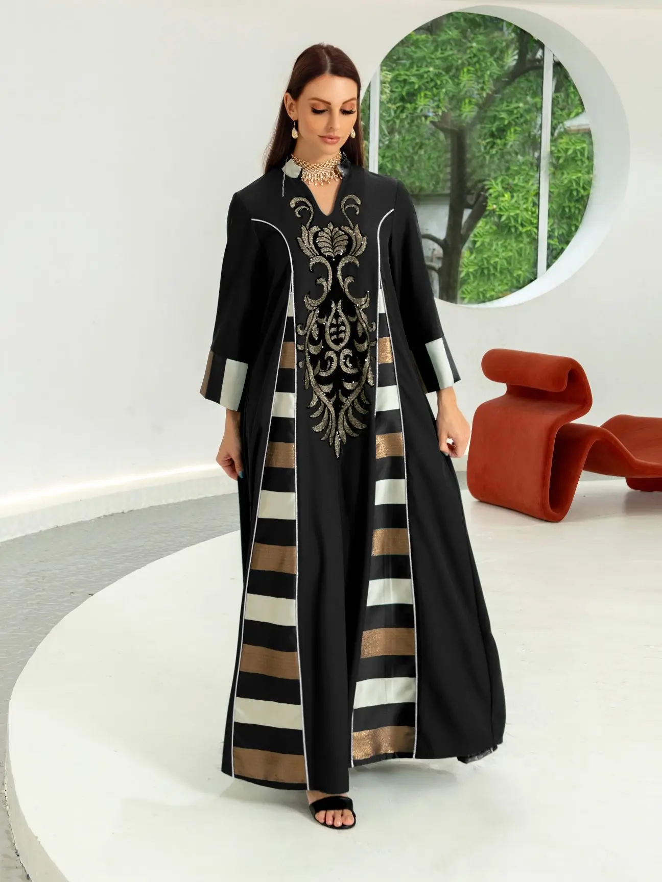 Fashion Sequined Beading Islam Muslim Dress Embroidery Caftan Dresses Women Djellaba Robe Longue Vetement Musulmane Femme Wy25