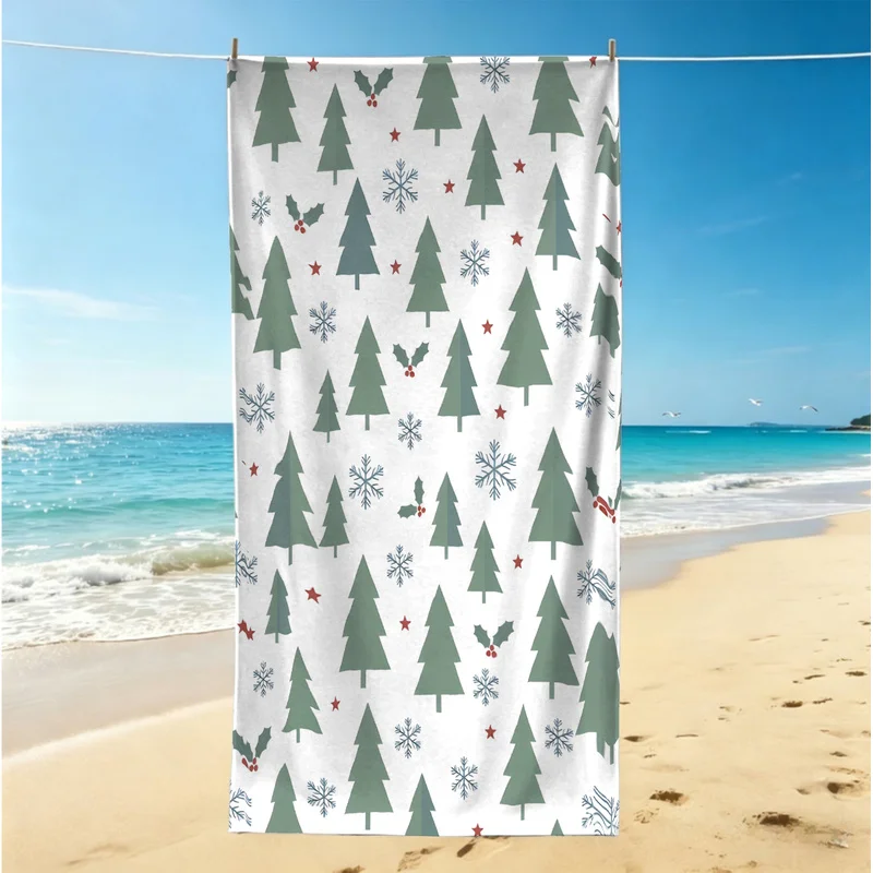 Christmas Polyester Beach Towel,Multiple Sizes,Portable,Durable,Ultra-Soft,Breathable,Red snowflakes green Holly Leaves Print