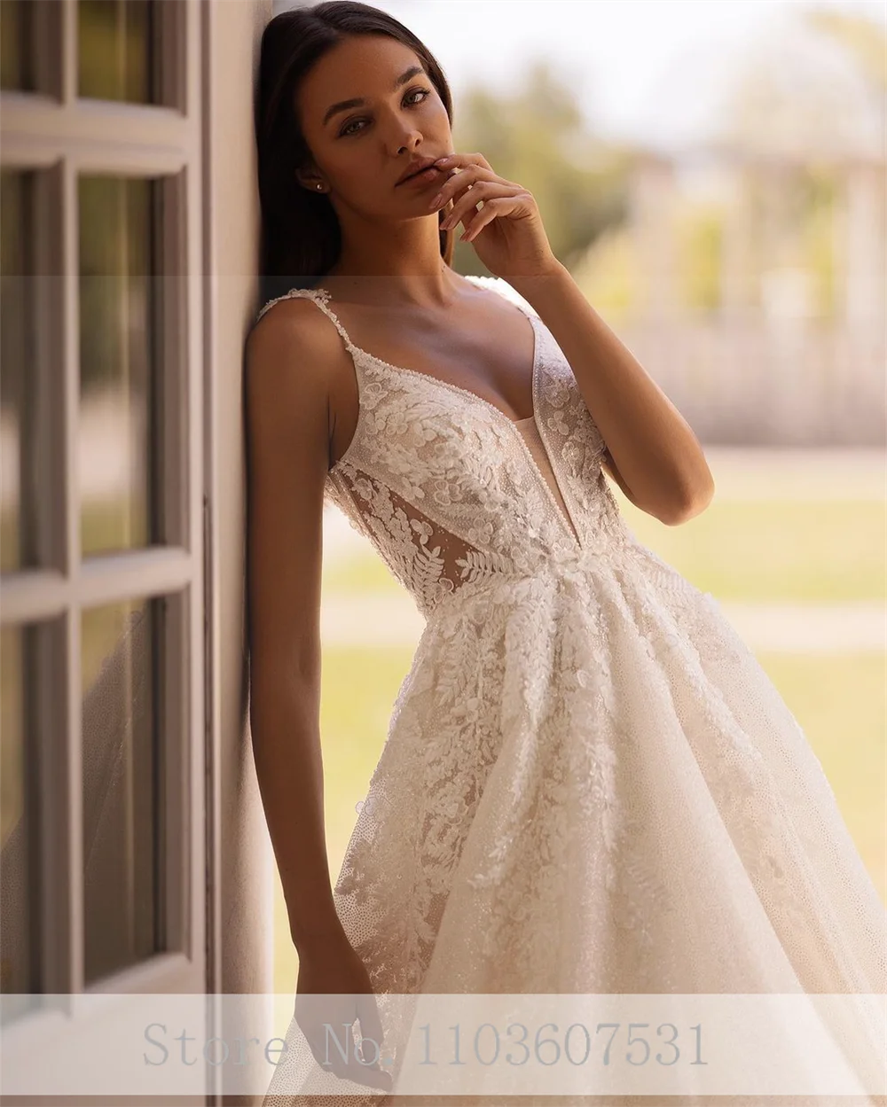 Robe de Mariée Bouffante en Tulle et Dentelle pour Femme, Décolmétrage en V Profond, Intemporel, Ligne A, Dos aux, Cour, Éducative