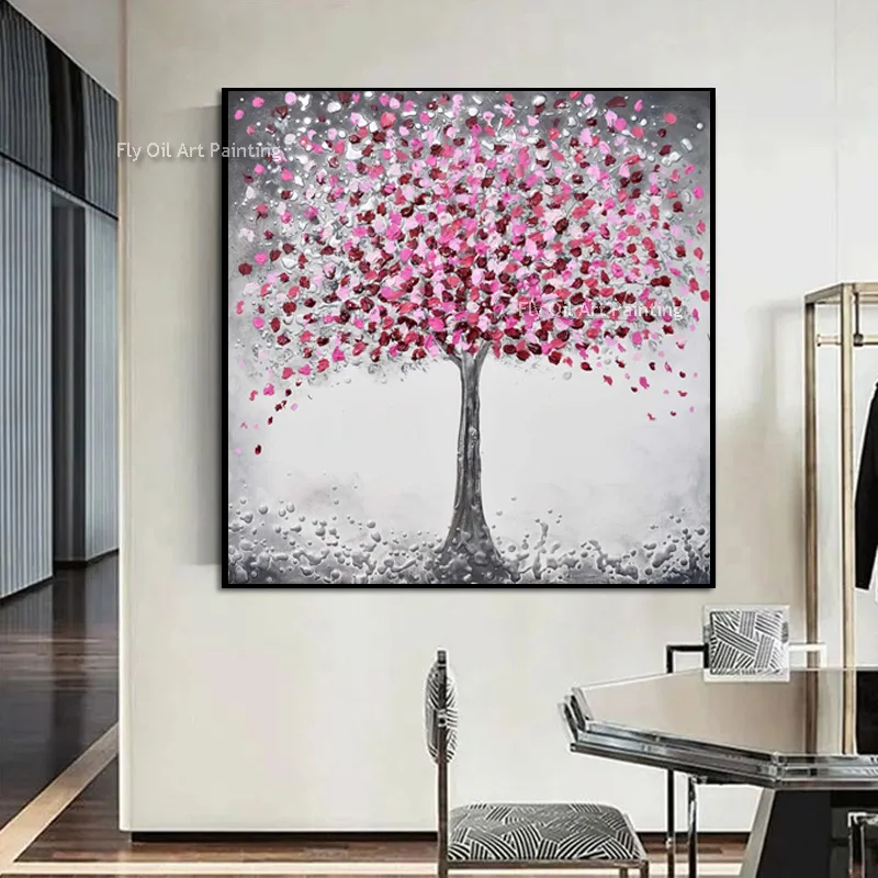Pink White Knife Thick Florals Tree Landscape Canvas Artwork New Original Design Hand Made Grey White Oil Painting For Wall Deco