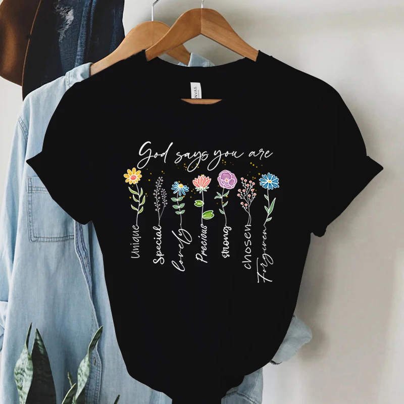 God Says You Are Unique Print T Shirt Women Gospel Music Fashion Streetwear Tops Vintage Religion Faith Christian Tees Tshirt