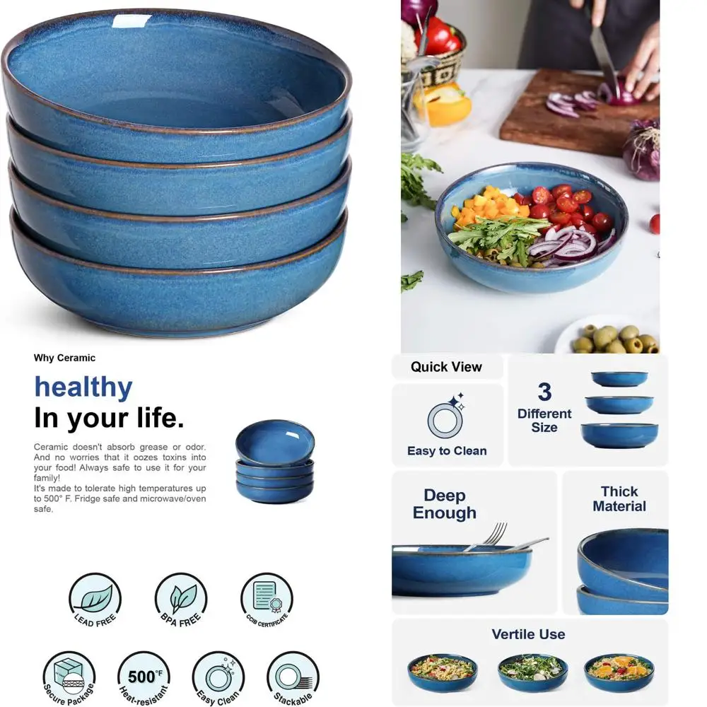 

pasta bowls 45 ounce, ceramic salad bowl, large serving bowl set - set of 4, ceylon blue