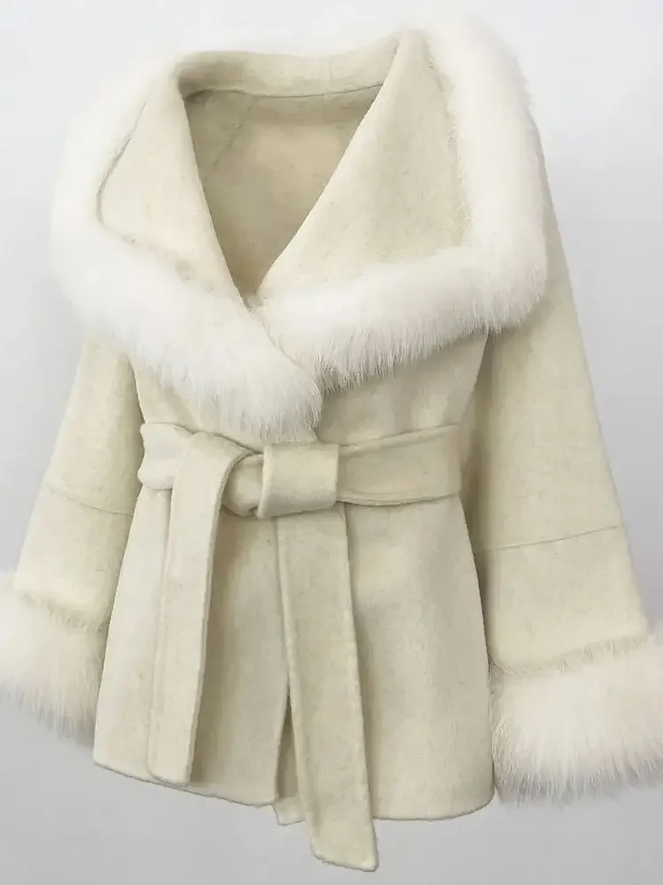 여성용 천연 울 혼방 캐시미어 리얼 퍼 코트 울 재킷 더블 브레스티드 벨트 따뜻한 스트리트웨어 패션 겨울 의류