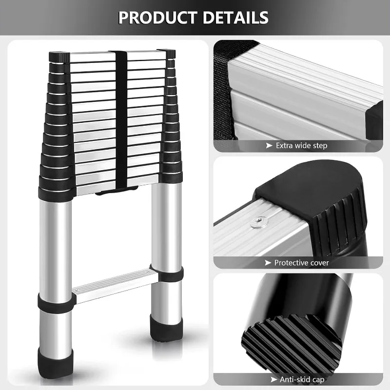 14.5FT / 4.4M Aluminum Telescopic Ladder Folding Step Multi-Use Non-Slip Collapsible Inward Sliding Retraction Extension Ladder