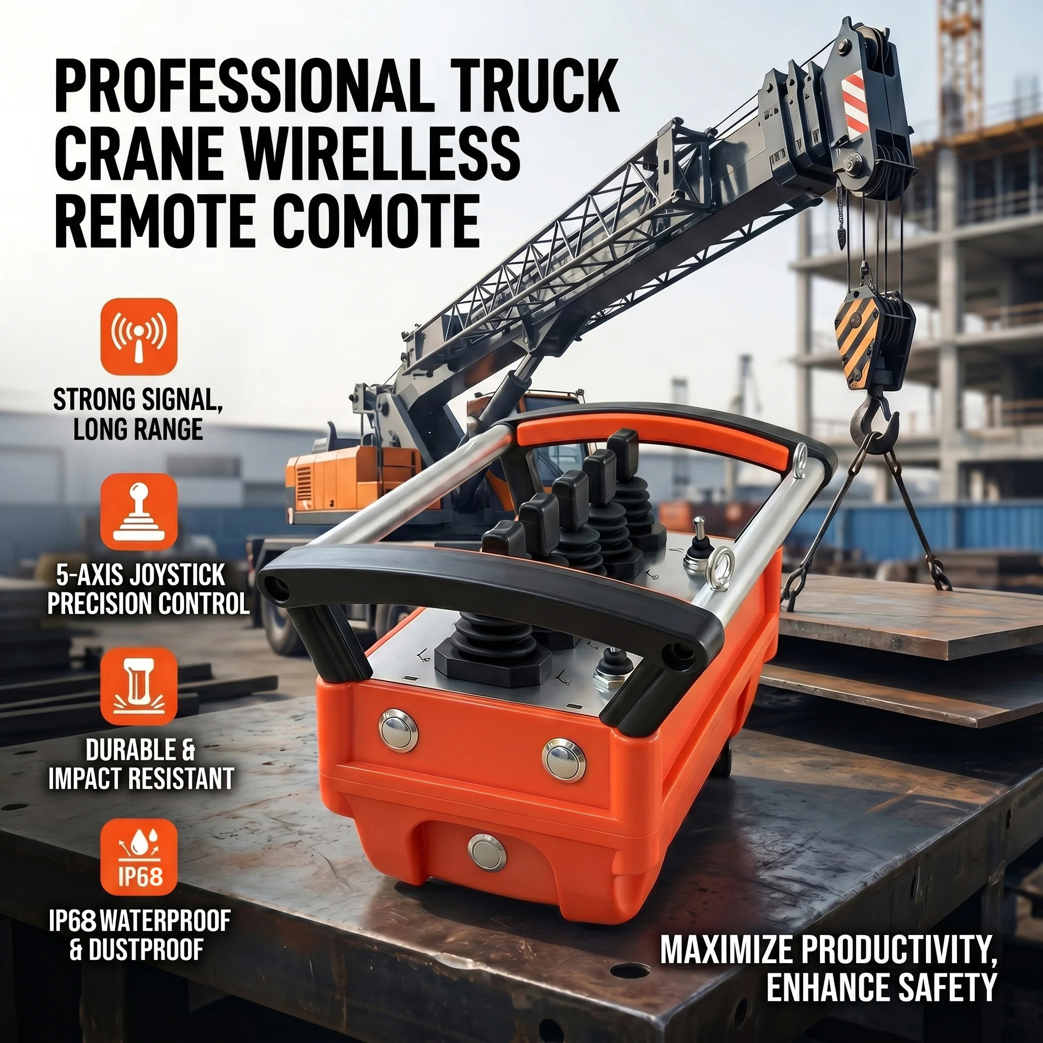 4567 Joysticks CE FCC 4 Channels Wireless Hydraulics Crane Remote Control IP68 Waterproof,500m, Dual Hall Clutch Motor, E-stop