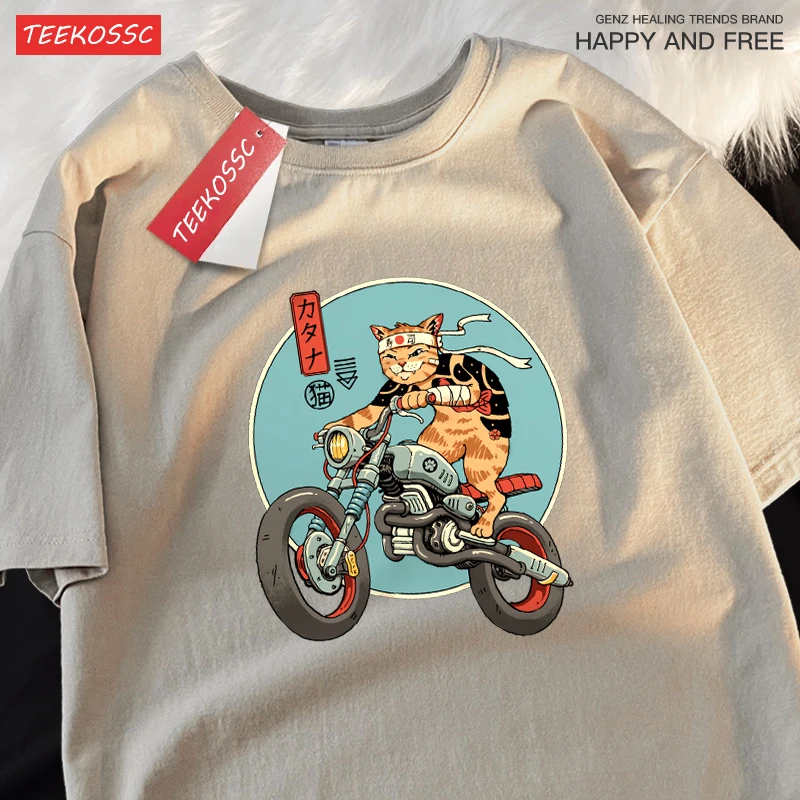 Japanese Harajuku Motorcycle Cat Tops Man Casual Oversize T Shirt Cotton Summer Casual Cartoon Crewneck Loose T Shirts Couple view 2