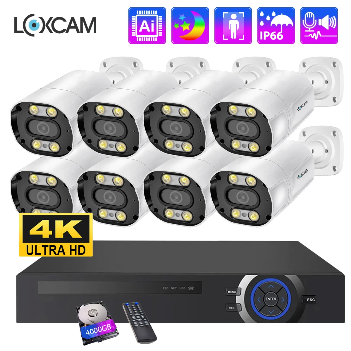 

LOXCAM 8CH CCTV System 10CH POE NVR Kit 4K 8MP Ai Human Detect Two Way Audio Outdoor Color Night Camera Video Surveillance Set