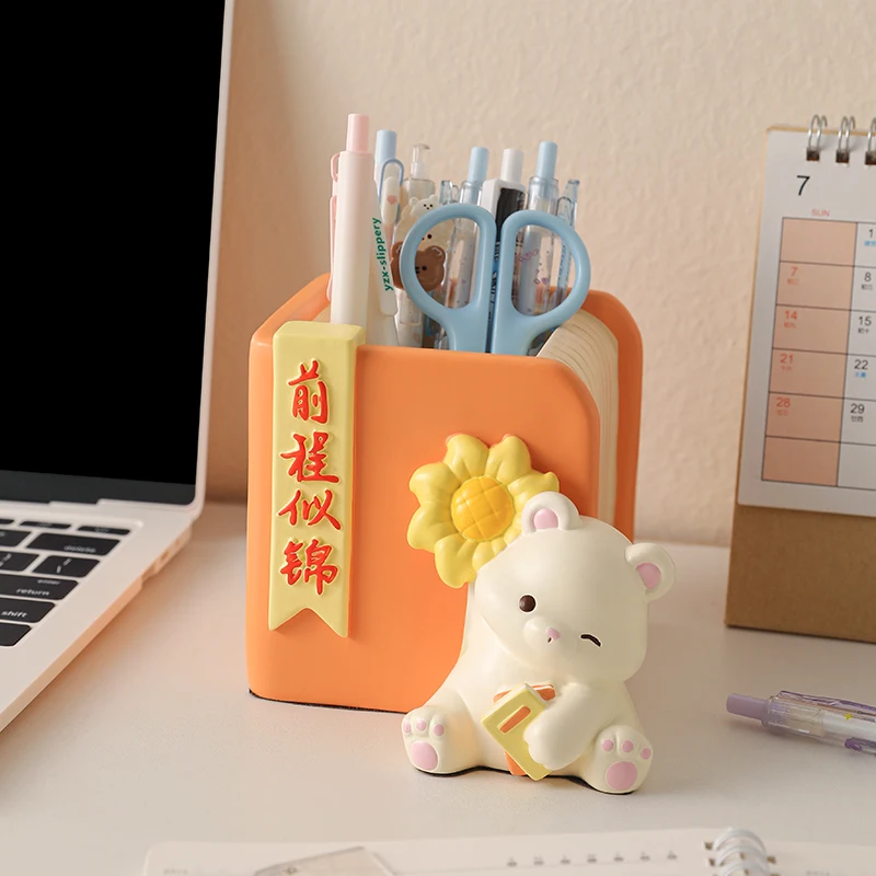 Cute Book Shaped Bear Pen Holder, Kawaii Desktop Stationery Storage Bucket Creative Tabletop Decor Ornament for Desk