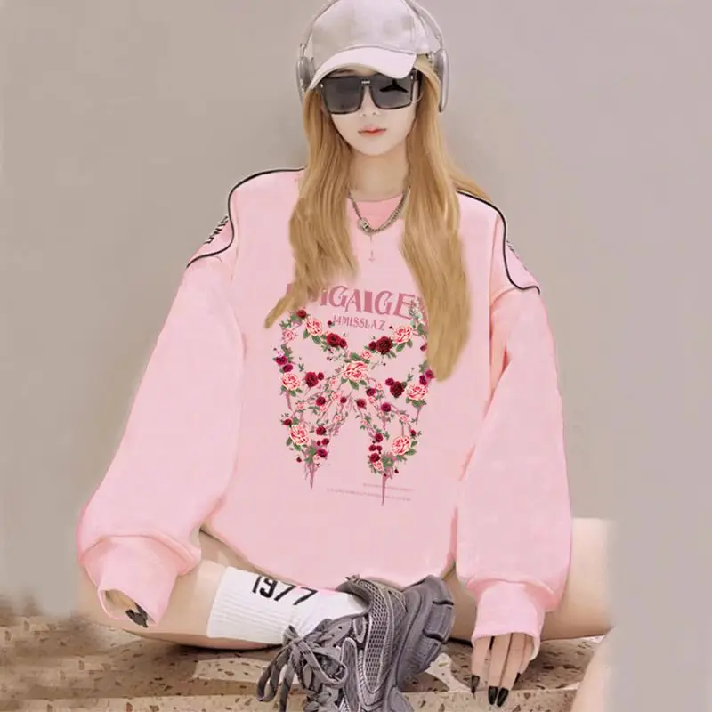 

2024 Pink Hoodie Women's Spring / Autumn New Explosive Spring and Early Autumn Women's Printed Butterfly character Women's Wear