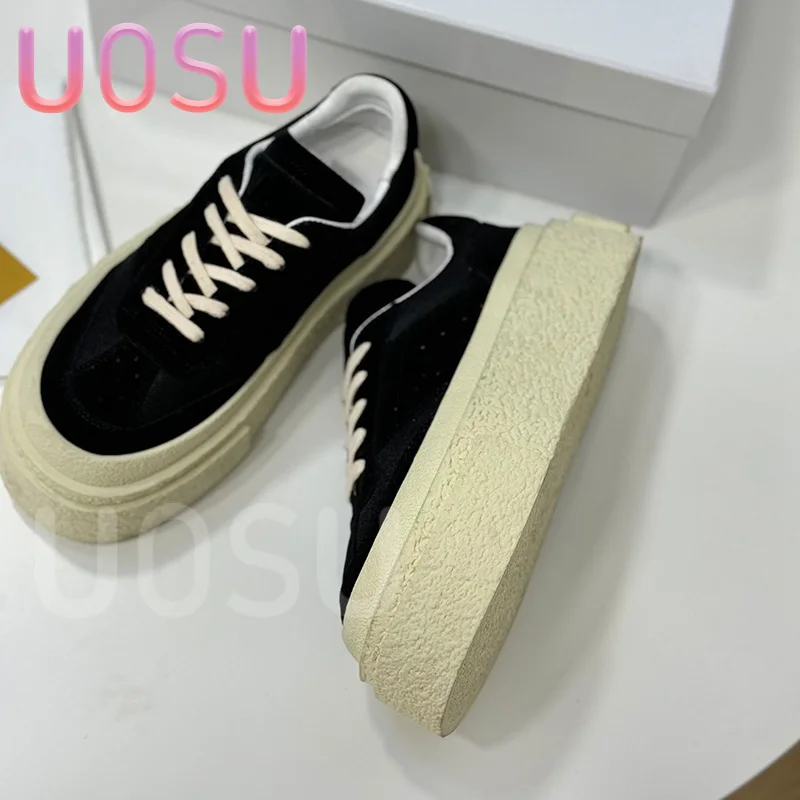 

Women Flat Shoes Designer Thick Water Platform 5cm Tie Ladies Casual Shoes Luxury Cowhide Thick Bottom Muffin Shoes Slip On