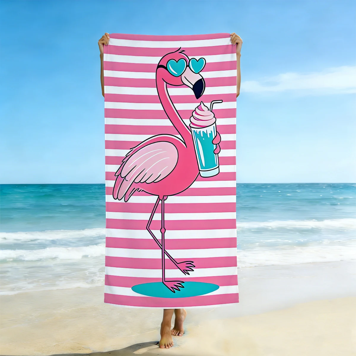 1 Stück Strandtuch mit Flamingo-Horizontalstreifen-Print, saugfähiges und schnell trocknendes Handtuch, Strandtuch aus ultrafeiner Faser zum Schwimmen