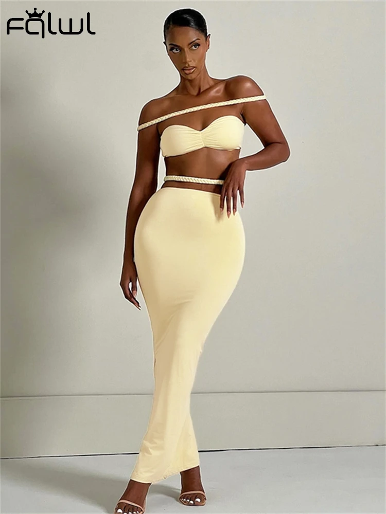 Habbris Summer Yellow Elegant 2 Piece Sets Evening Party Clothing Women 2024 Sexy Wrap Chest Tank Tops Maxi Skirt Matching Set