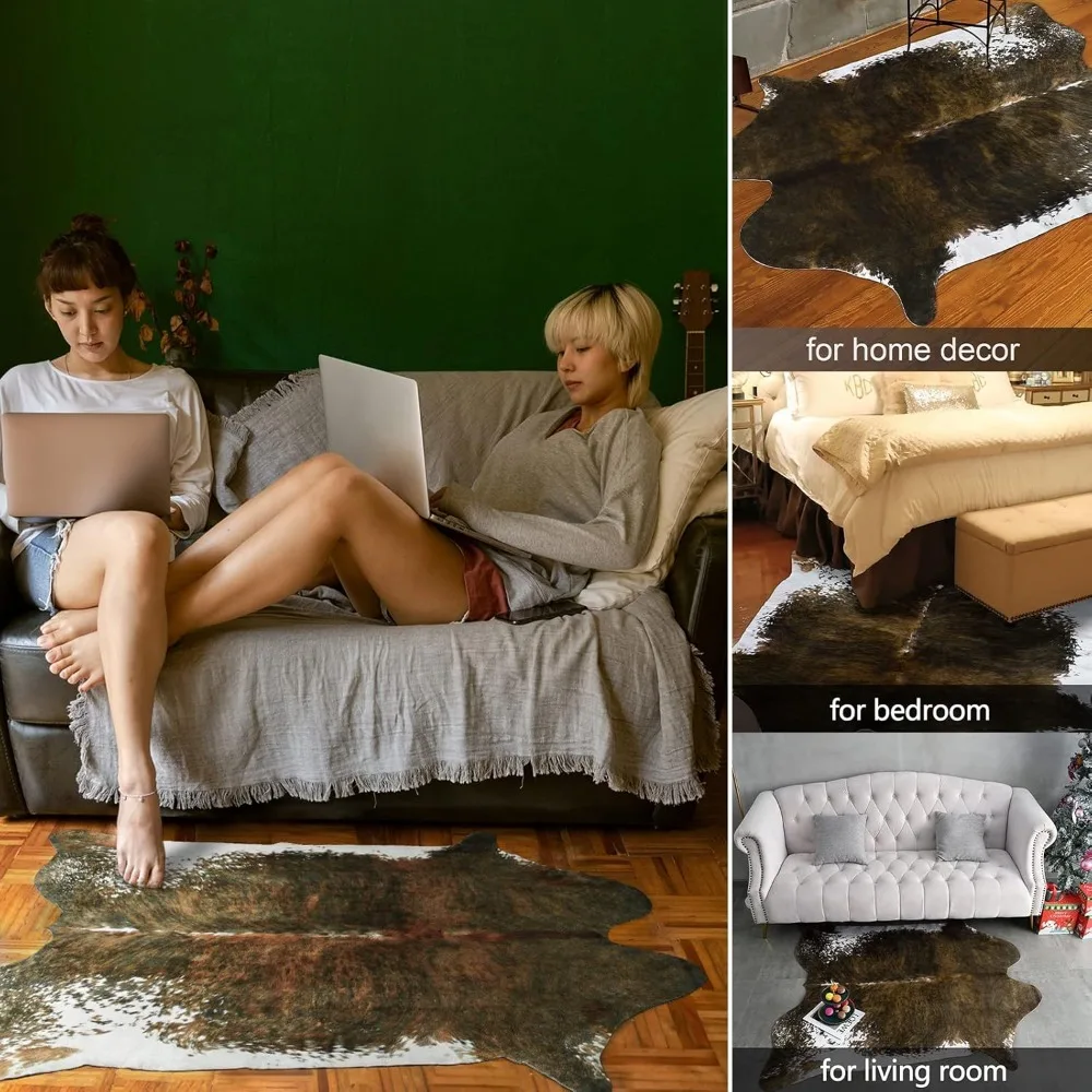 Premium Faux Cowhide Rug 4.6 x 5.2 Feet, Sturdy and Large Size Cow Print Rugs, Faux Fur Animal Cow Hide Carpet, Area Rug