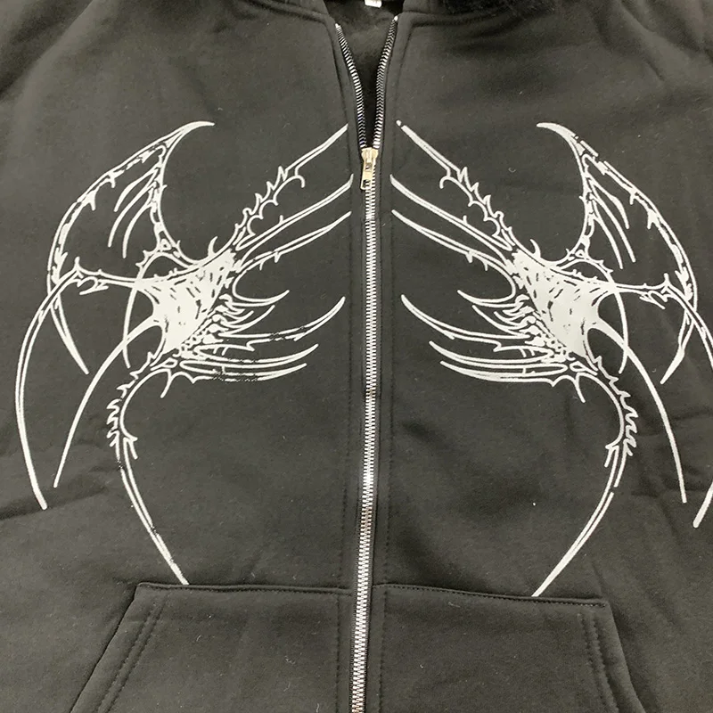 المرأة Y2k الشارع خمر الفراء طوق قبعة مقنعين الشتاء قمة الموضة الشارع كول الجمجمة المطبوعة سستة البلوز معطف دافئ سترة #4