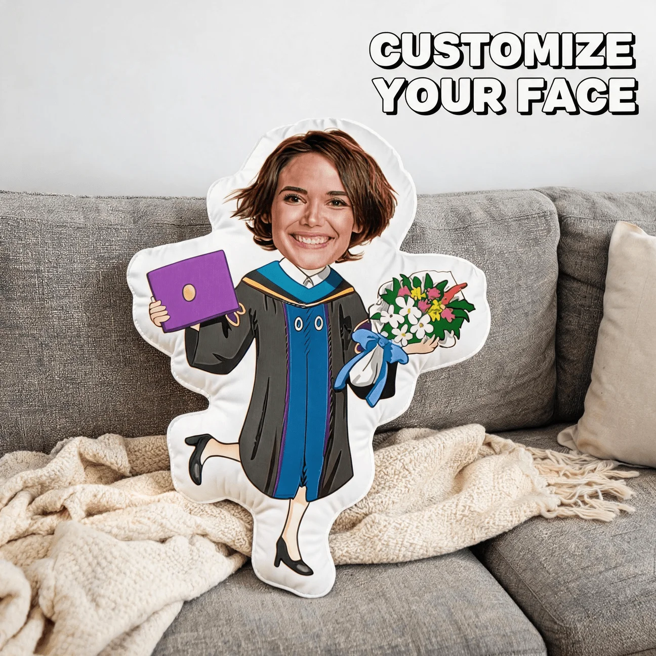 Custom Photo Graduation Shaped Pillow, Personalized Face In Gown Holding Diploma & Flowers Decorative Cushion, 70cm Home Decor A