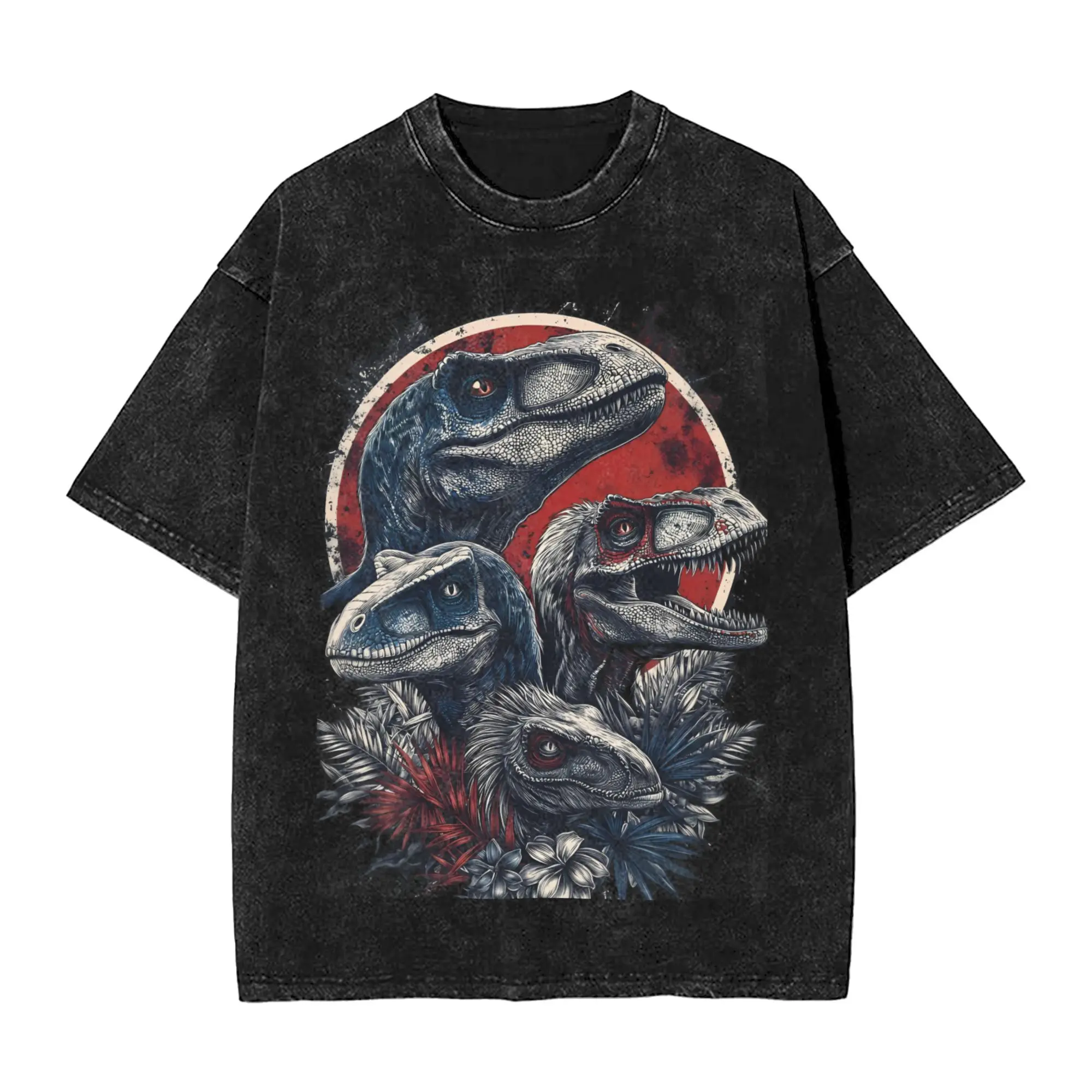 

Washed T Shirt Velociraptor Dinosaur Jurassic Park Hip Hop T-Shirt Streetwear 100% Cotton Graphic Printed Tops Tees Men Women