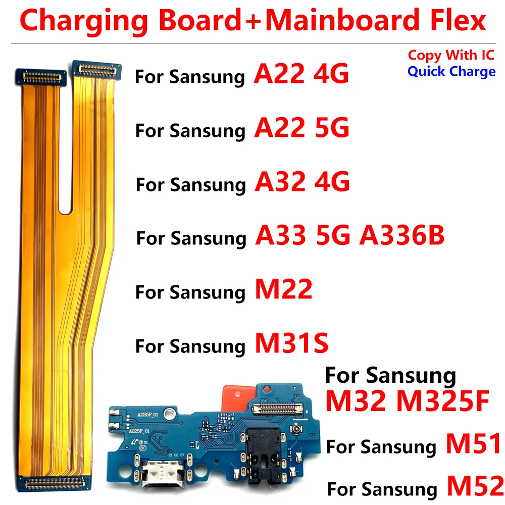 USB Repair Charging Port Connector Board + Main Motherboard Flex Cable For Samsung A22 A32 4G A33 5G M22 M31S M32 M325F M51 M52