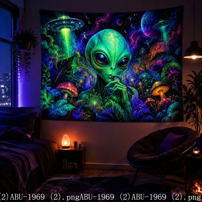 VIKAMA Fantasy Alien UFO Galaxy Tapestry, Fluorescent Space Wall Hanging, Aesthetic Bedroom Dorm Esports Room Decor