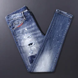 Modedesigner Männer Jeans hochwertige Retro blau glatt gewaschen elastische Slim Fit zerrissene Jeans Männer gemalt Hip Hop Marke Hosen