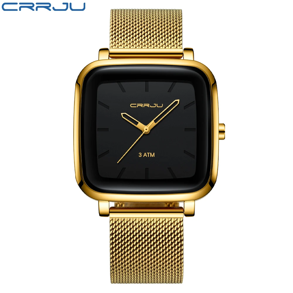 CRRJU Mens Watches Top Brand Luxury Square Golden Quartz Casual Slim Mesh Steel Waterproof Watch Relogio Masculino