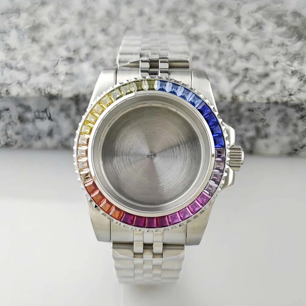 For NH35 Case Flat Sapphire Glass Diamond Bezel Solid Bottom Shell 40.4mm Watch Case Strap for NH34 NH36 Movement