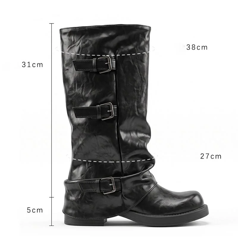 ORCHA LISA Brown Women's Mid Calf Boots Round Toe 5cm Thick Heel Slip On Belt Buckle Pleated Plus Size 42 43 44 45 Retro Botas