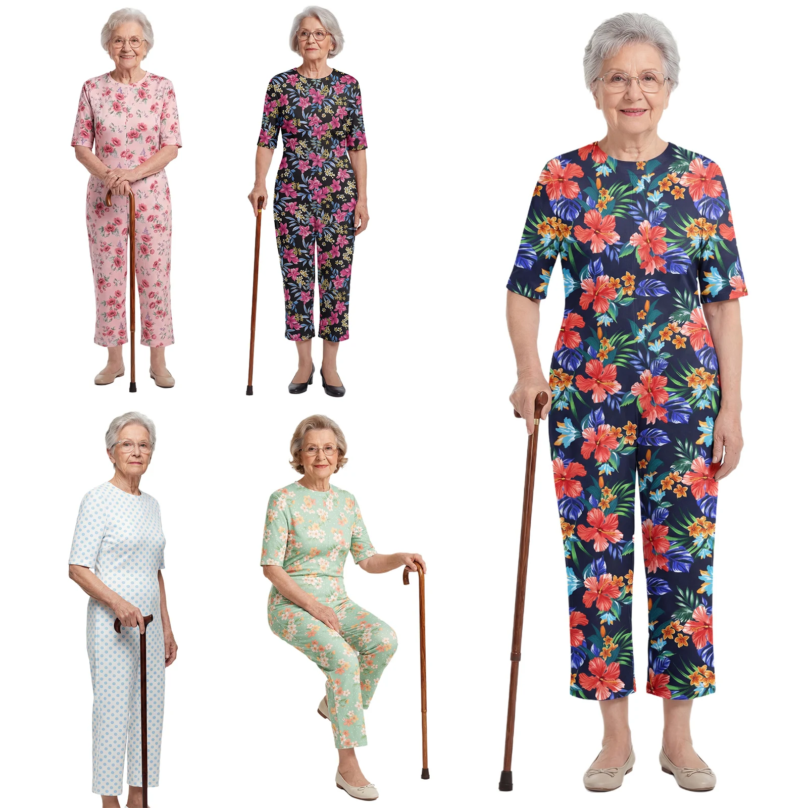 Womens Elderly Nursing Floral Print Jumpsuit Short Sleeve Back Zipper Anti-strip Adaptive Rompers for Alzheimer Special Needs
