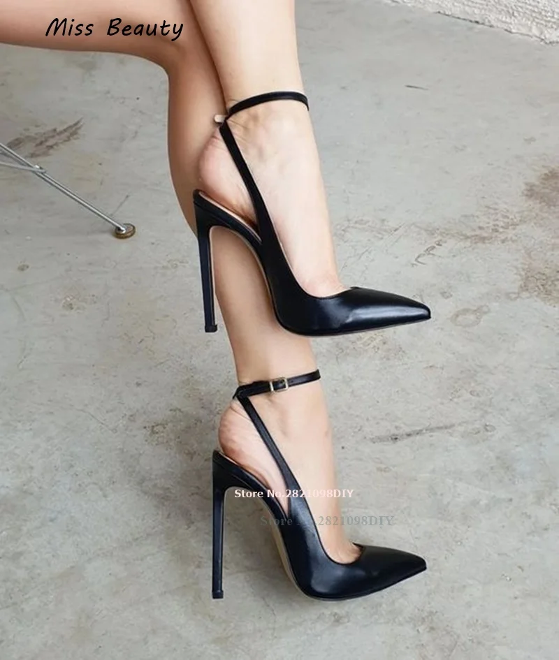 12Cm Thin Heeled Nude Black Leather Pointed Toe Ankle Wrap Buckle Pumps High Heels Pointy Toe Women Stiletto Party Dress Shoes