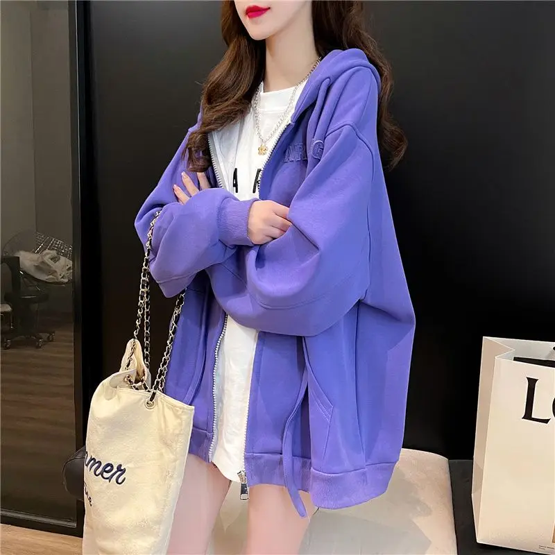 Women\'s Solid Hooded Collar Cardigan Zipper Letter Spring and Autumn Hoodies Loose Korean New Long Sleeve Pockets All Match Coat