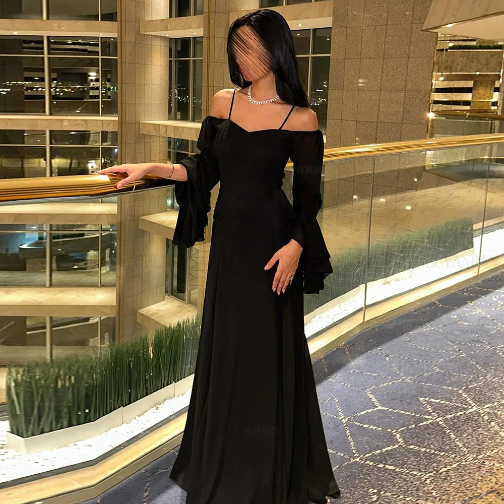 Chiffon Elegant Formal Occasion Dresses 2024 Trumpet Sleeves Long Ball Gowns Simple Black Sexy Evening Party Gown فساتين الحفلات