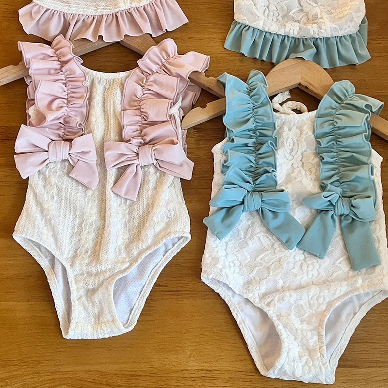 

New Girls' Sweet Lace Bow One-piece Forest Style Children's Beach Vacation Swimsuit for Children and Baby Girls